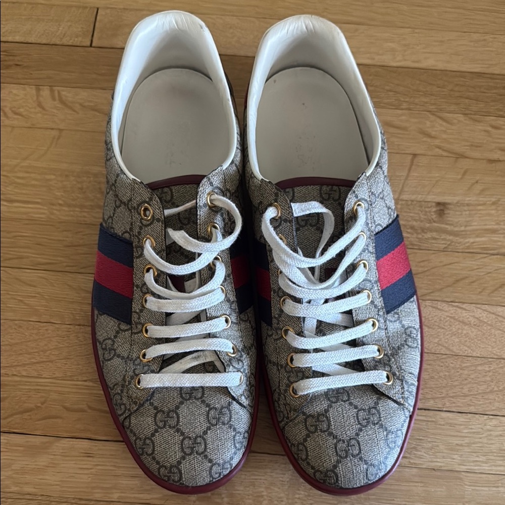 Gucci Gray Monogram Sneakers with Red and Blue Accents